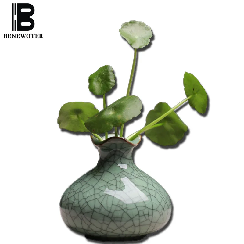 

BENEWOTER Handmade Longquan Creative Home Decor Mini Ceramic Ice Crack Celadon Porcelain Floral Flower Hydroponic Ornament Vase