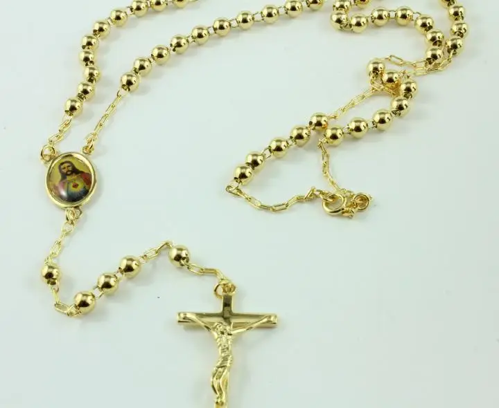 

14 k Yellow Solid Gold Filled GF Rosary Pray Bead Jesus Cross Necklace / chain in a gift box