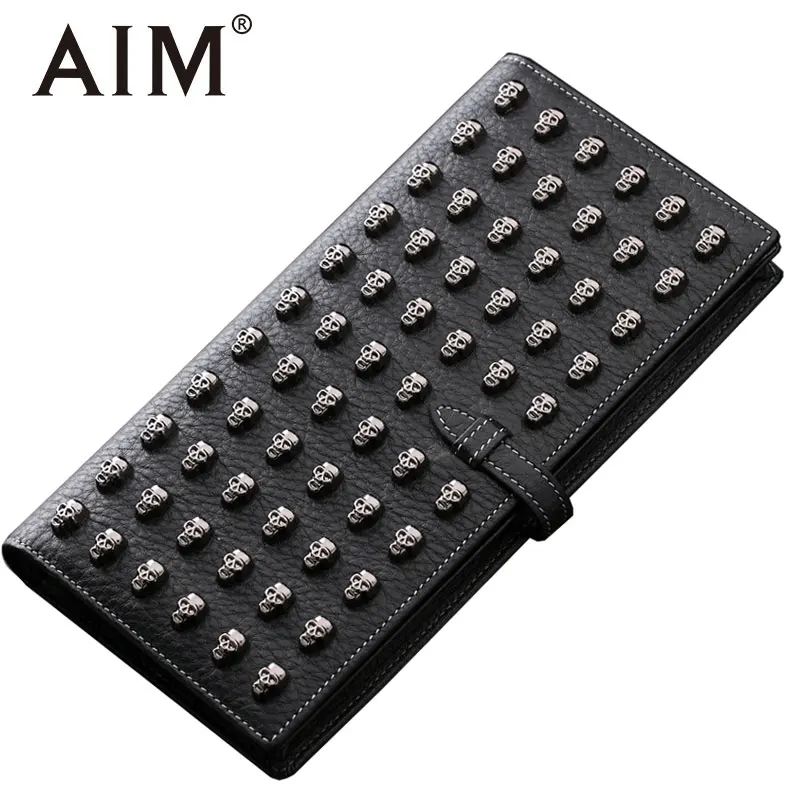

AIM Luxury Genuine Leather Hasp Wallets Men Vintage Steampunk Skull Wallet Cow Leather Man Casual Long Clutch Bags Card Holder