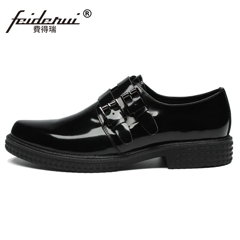 Calzado Mano Nupcial marrón A Formal Moda Monje Plana Hombres Puntiagudo Charol Dedo Hecho Hombre Vestido Hj59 Correa Oxfords Zapatos Plataforma Negro RwqwPTa