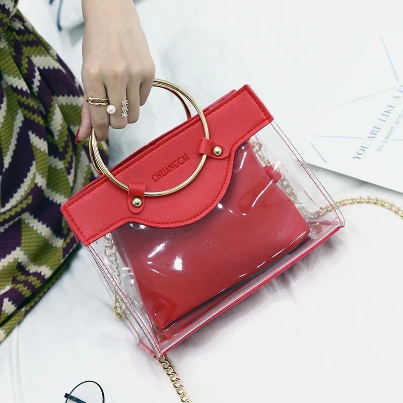 

2019 New Handbags PVC Transparent Women Crossbody Bags Metallic Ring Tote Bag Chain Design Beach Travel Shoulder Messenger Bags