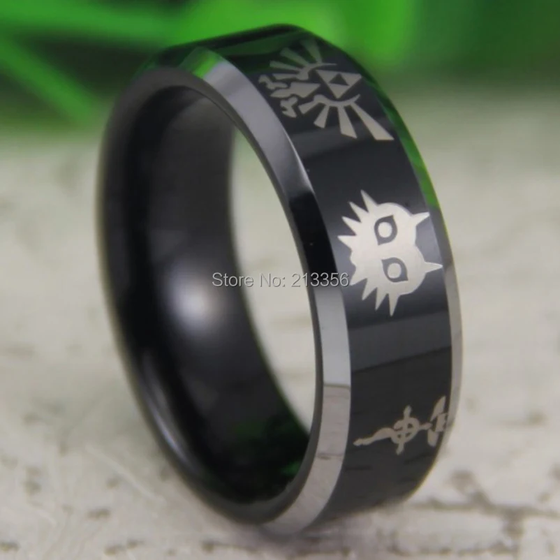 

Free Shipping USA UK CANADA RUSSIA Brazil Hot Selling 8MM Black Silver Beveled FMA Legend of Zelda A New Tungsten Wedding Ring