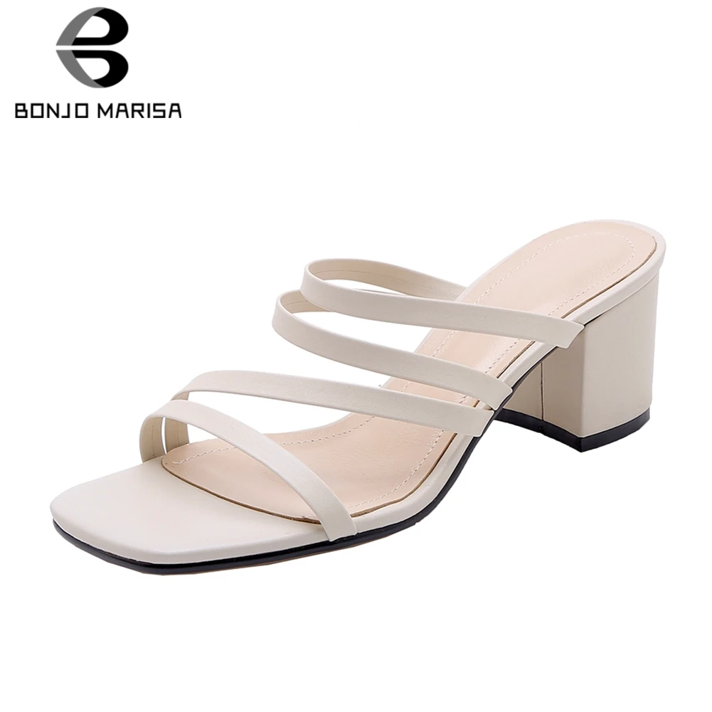 

BONJOMARISA Brand New 2019 Genuine Cow Leather Square Heels Women Mules Pumps Slip On Outdoor Pumps Woman Shoes Lady Footwear