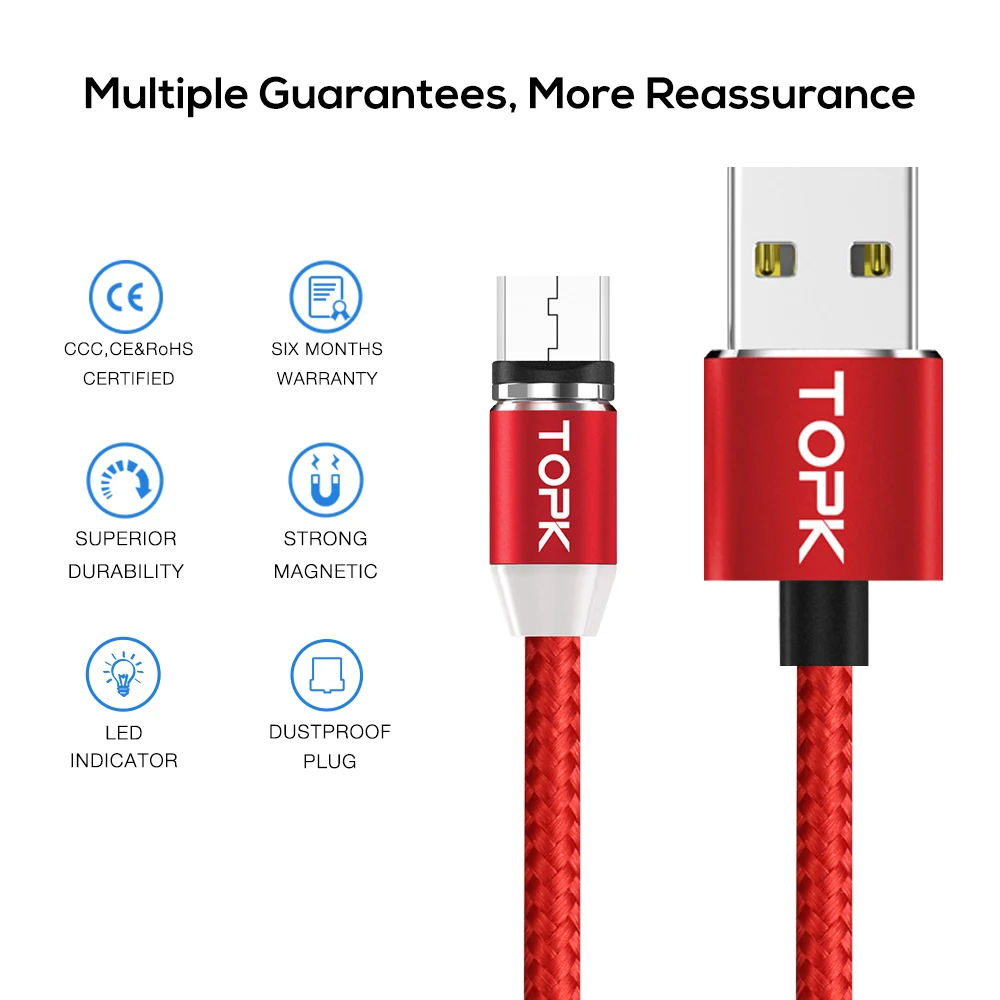 TOPK 1 м (3 3 фута) светодиодный магнитный кабель Micro USB Премиум нейлоновый Плетеный