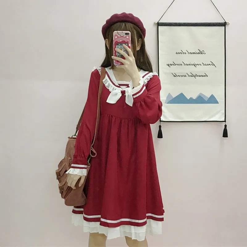 

Japanese Style Autumn Dress Mori Girls Sailor Collar Long Sleeve College Preppy Style Sweet Dress Ruffles Bow Kawaii Cute Dress