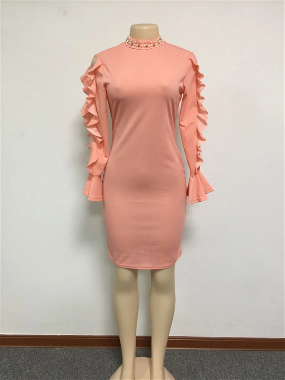 BAIBAZIN Africa Dress for Women Europe United States National Dress New Mesh Stitching Horn Sleeve Commuter Bag Hip Dress