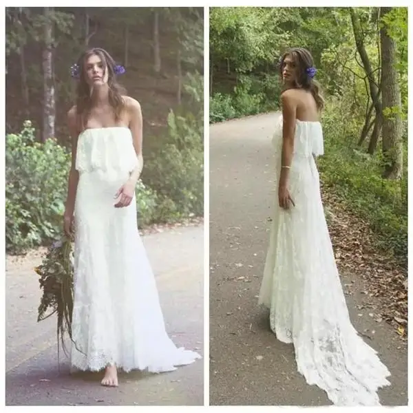 2018 Boho Beach Wedding Dresses A Line Off Shoulder Sweep Train Full Lace Bridal Gowns For Beach Garden Custom Made