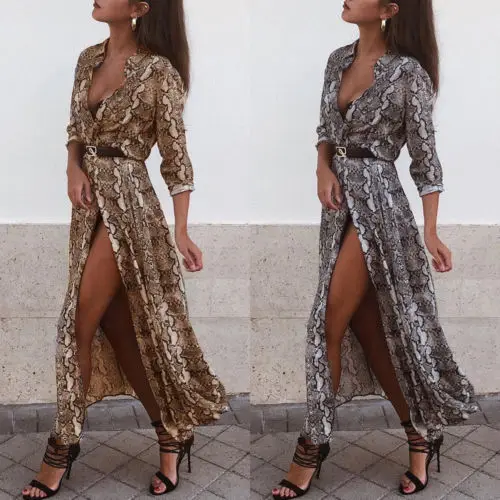 

Sexy Printing Snakeskin Long Sleeve V Neck Dress Women Kimono Boho Long Party Dresses Shawl Tops Split Sundress Female Vestidos