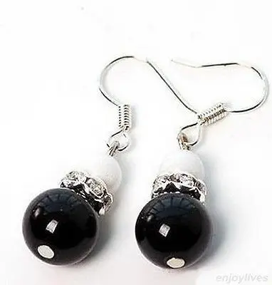 

hot sell new - -hot Genuine Black Agate White Pearl Crystal 925 Sterling Silver Hook Earrings new