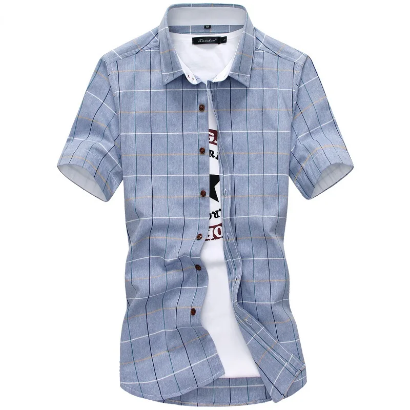 100-Cotton-Mens-Dress-Short-Sleeve-Shirts-Fashion-Casual-Slim-Fit-Plaid-Men-Shirts-Brand-Clothing