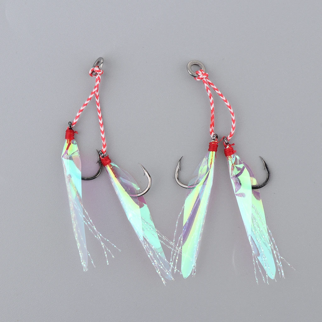 2Pcs Fishing Assist Hooks Double Jig Hooks Thread Feather Pesca Slow Jigging