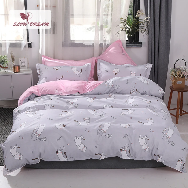 

SlowDream Cartoon Style Bedding Set Lovely Pink Flat Sheet Pillowcase Bed Linen Set Duvet Cover Home Decorative Comforter Cover