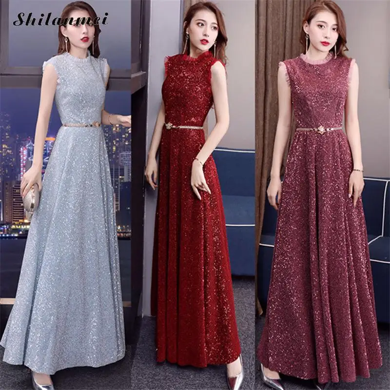 

Sequin 2019 New Women's Elegant Long Gown Proms For Grautuating Date Ceremony Gala Evening Maxi Dresses Solid Red Party Vestidos