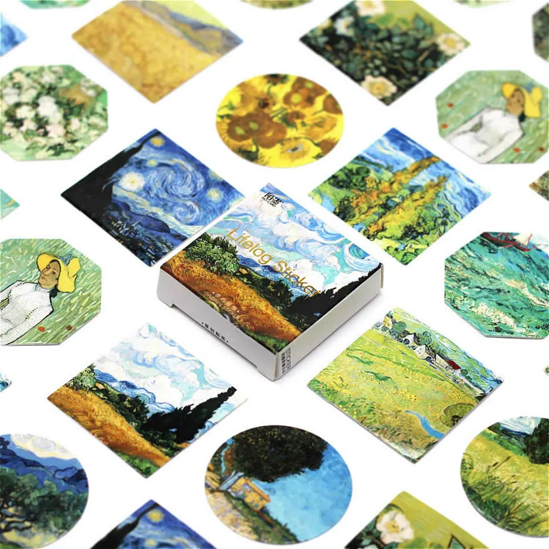 

LOLEDE New 45pcs/set VanGogh Stationery Stickers Kawaii Diary Handmade Adhesive Paper Flake Sticker Scrapbooking Stationery