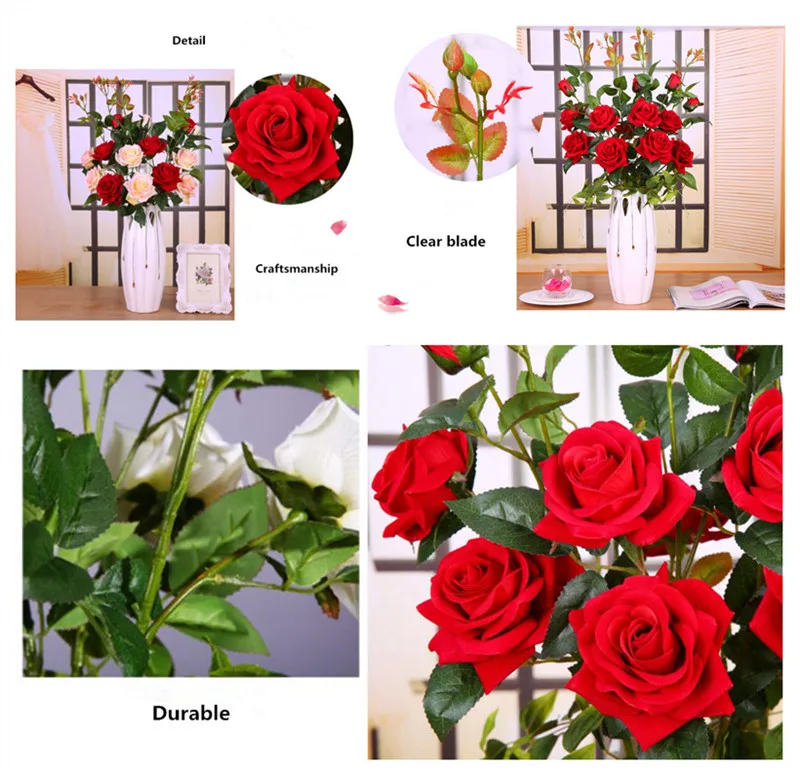Flone Artificial Rose Flower Simulation Silk Fake Flowers Single Branch 3 Heads Roses Flower For Wedding Home Bedroom Decoration (17)