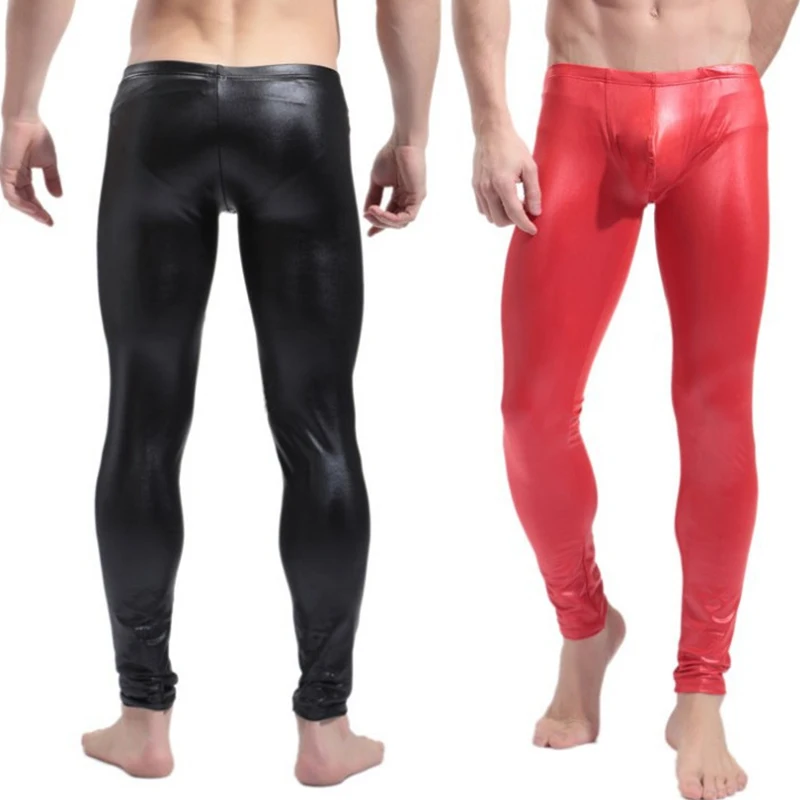 

High Elastic Mens Black Red Faux Leather Latex Pencil Leggings Wetlook Bondage Pants Gay Male Fashion Tight Boxer Underwear
