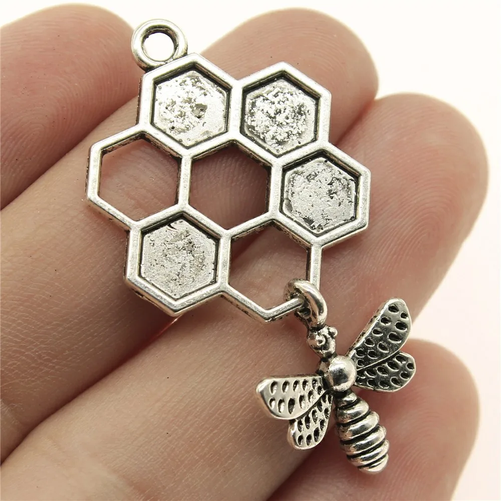 WYSIWYG 2pcs 46x25mm Honey Bee Charm Antique Silver Color Honey With