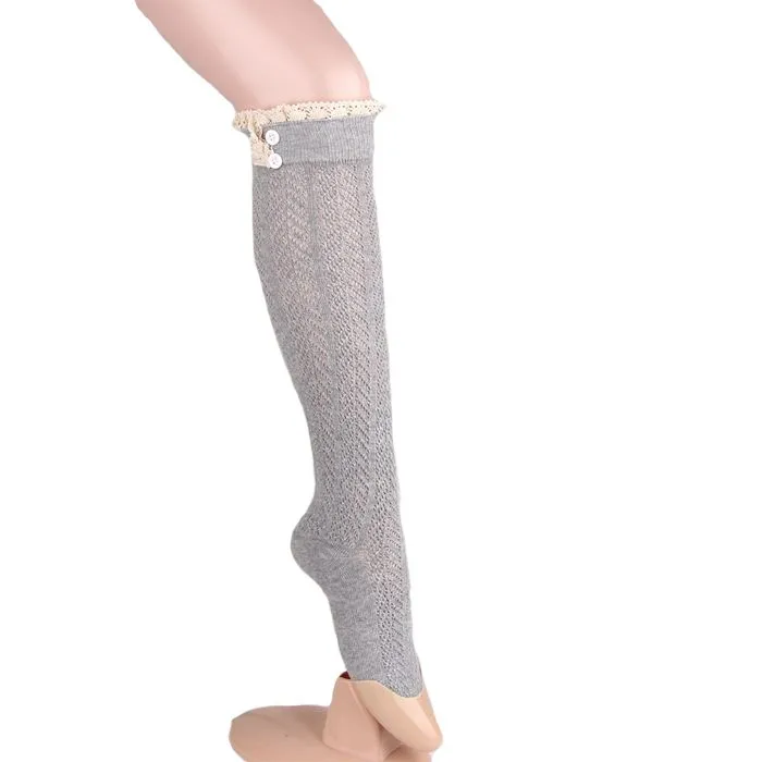 Вязаные Гетры из хлопка с кружевной отделкой и пуговицами; носки до колена; сапоги с вырезами; женские высокие сапоги с манжетами; гетры