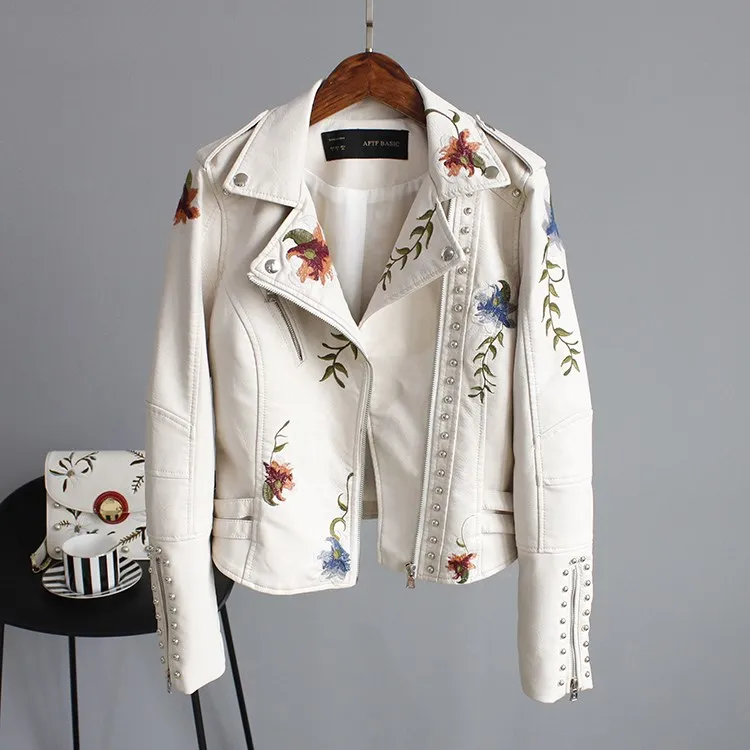 Women's Elegant Floral Embroidery Faux Leather Jacket White Display 1