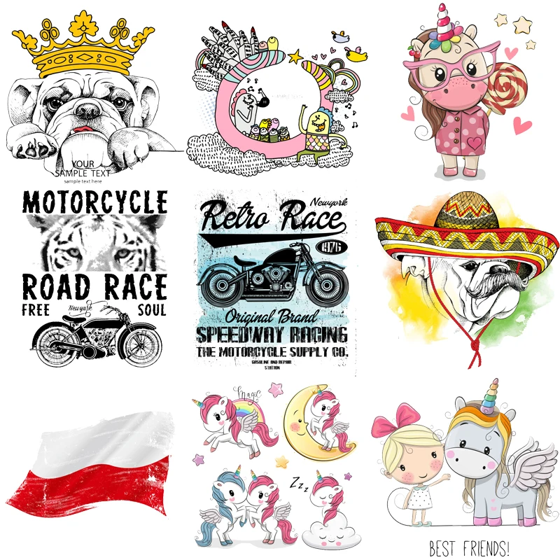 

Iron on Unicorn Motorcycle Dog Patches Clothing Decor Application Flag Heat Transfer Stickers Badges DIY T-shirt Appliques PVC E