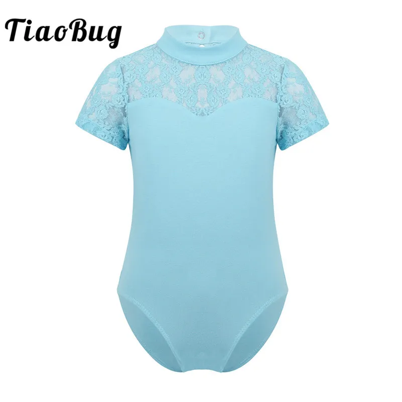 

TiaoBug Girls Floral Lace Splice Professional Ballet Leotards Short Sleeve Gymnastics Leotard Bodysuit Kids Stage Dance Costume