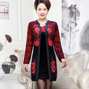 

Women Dresses Spring Autumn Mother Long Sleeve Fake Two Pieces Gold Velvet Casual Dress Plus Size printing Vestidos