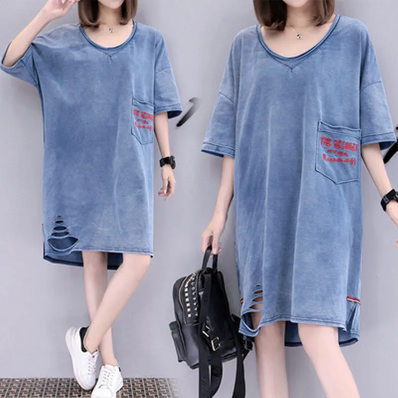 

New Summer Style Women Dresses Vestido Casual Plus Size Loose Hole Letter V-Neck Jeans Dress For Women Large Denim One-Piece
