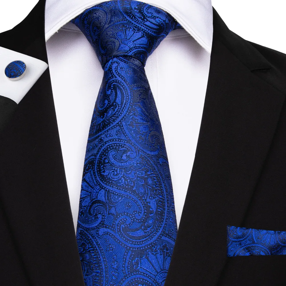 USA Blue Paisley Silk Tie Set Navy Necktie Pocket Square Cufflinks Wedding Party