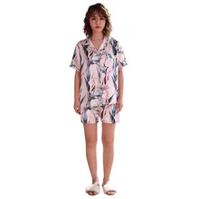 Для женщин моделирование шелк печати пижамы с принтом пижамы ночное комплект летние шифоновое платье 40mi02