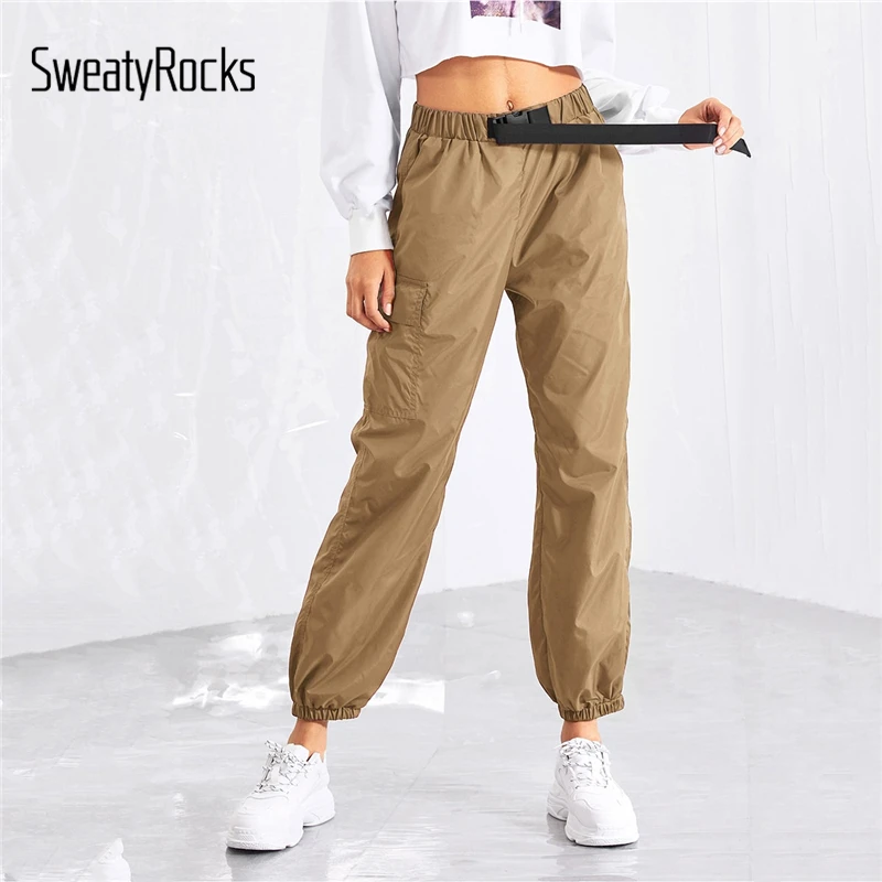 

SweatyRocks Camel Push Buckle Pocket Side Pants Active Wear Elastic Waist Tapered Loose Trousers Autumn Women Casual Pants