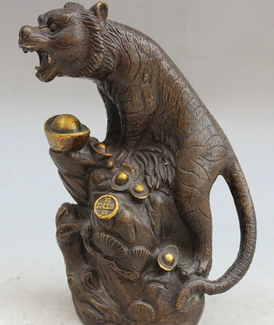 

JP S0522 7" Old Chinese Bronze Folk ferocious Wealth Zodiac Year Tiger Statue sculpture B0403