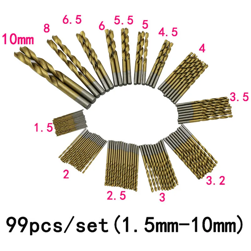 

99pcs/Set Twist Drill Bit Set Saw Set HSS High Steel 1.5mm - 10mmTitanium Coated Drill Woodworking Wood Tool