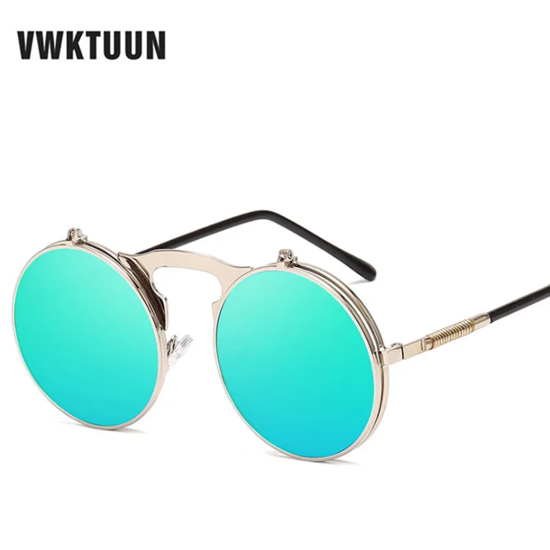 Color 9 VWKTUUN стимпанк Солнцезащитные очки, круглые металлические OCULOS De Sol женские паровые панк Флип Круглые двойные металлические солнцезащитные очки для мужчин очки - Цвет линз: Color 9