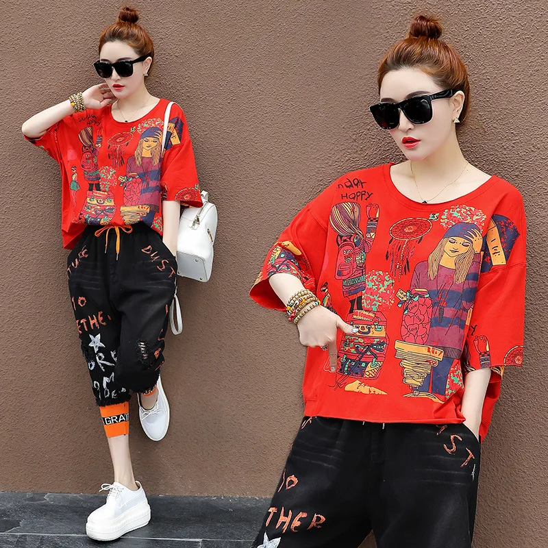 Casual  Loose Punk Tracksuit Women Summer 2 Piece Set Short Sleeve Big T-shirt and Capri Pants Suit Female Leisure Suits Outfits