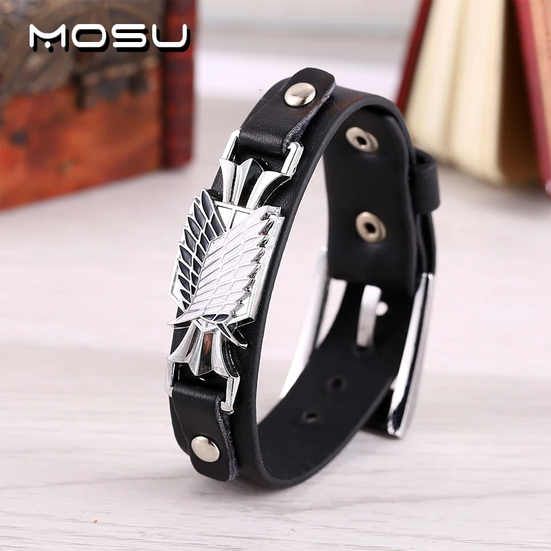 

MOSU Hot anime Attack on Titan Silver Alloy Bracelet Scout Regiment Leather Punk Bangle cosplay jewelry can dropshipping YS10579