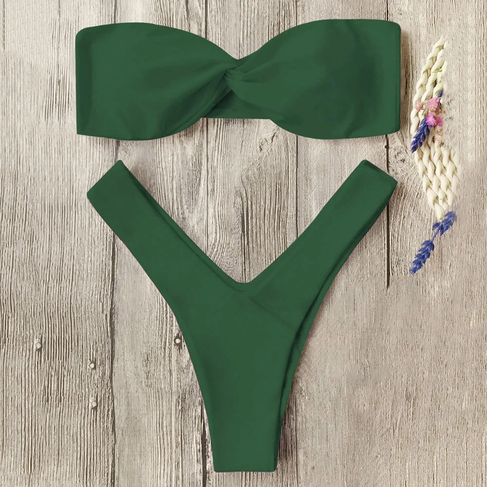 Bandeau Twist Front Thong Sexy Swimwear Bikini Set Bathing Suits Padded Women Swimsuit Beach 6 Colors |