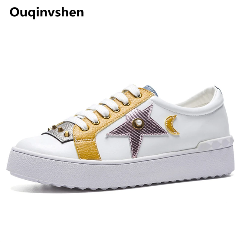 

Ouqinvshen Mixed Colors Rivet White Shoes Yellow Round Toe Genuine Leather Spring Autumn Platform Shoes Lace-Up Flats Shoes 3CM