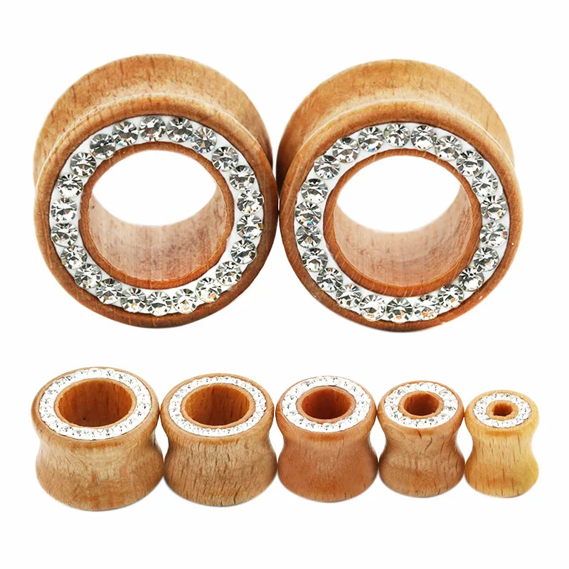 Fashion New Ear Plugs Wood Flesh Tunnels With Czech Crystal Rhinestone 8mm-16mm Saddle Ear Taper Body Piercing Jewelry Men Women1