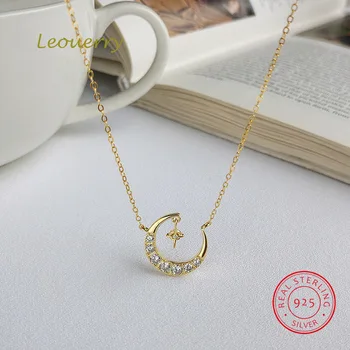 

Leouerry 925 Sterling Silver Sparkling Star and Moon Pendant Necklace Golden Women Clavicular Chain Necklace Women Jewelry Gift