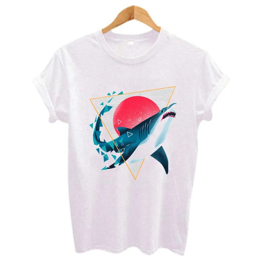 Big shark Print Women t shirt Fashion Short Sleeve O-Neck t-shirts Plus size Casual Tee Top Hipster Womens clothing