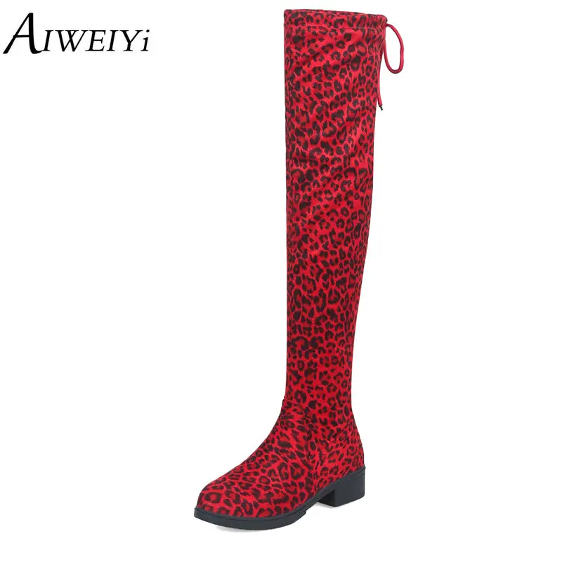 

AIWEIYi Stretch Fabric Over the Knee Boots for Women Leopard Print Thick Heel Low Heels Platform Shoes Fur Warm Winter Boots