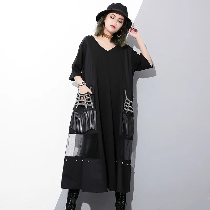 

[Aiweier] New Women's Shirts Dresses V-neck Solid Black Tassels Mesh Pocket Half Sleeve Spliced Loose Dress For Woman Clothes
