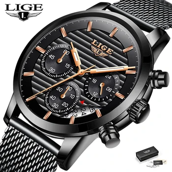 

LIGE Watches Mens Quartz Watch Casual Fashion Watch Mesh Belt Sport Men Watch Business Personality Clock Relogio Masculino+Box