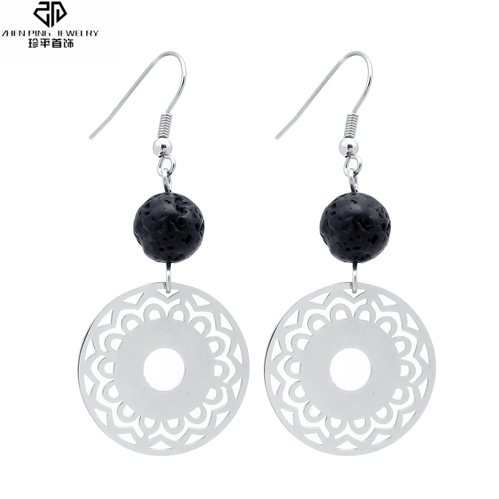 

10mm Black Lava Stone Essential Oil Diffuser Jewelry 25mm Stainless Steel Plate Drop Earrings