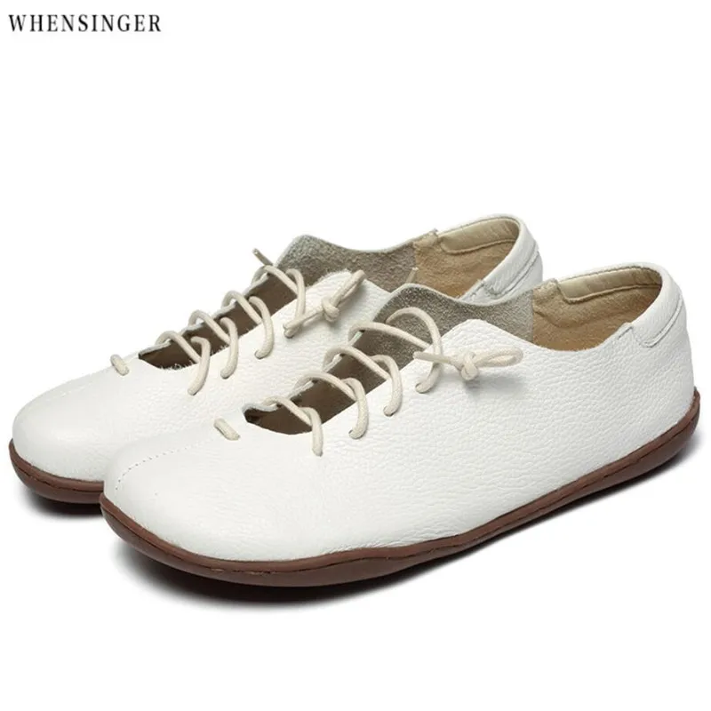 

Whensinger - Women Flat Shoes Breathable Comfortable Driving shoes Ventilation loafers Genuine Leather Casual Tie Flats Shoe