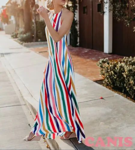 

Rainbow Women Boho Beach Loose Dress Female Sleeveless Backless Long Maxi Dresses Summer Holiday Lady Casual Sundress Plus Size