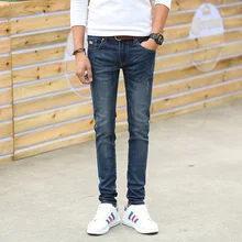 2016 korean pure cotton men jeans autumn winter vintage pencil zippers bottoms bleached cuffs slim cowboy denim male pants Y45