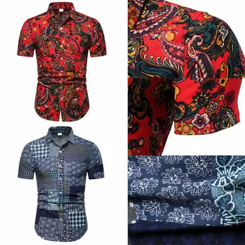 

New Men Summer Casual Shirt Floral Print Shirt Short Sleeve Shirts Tops Beach