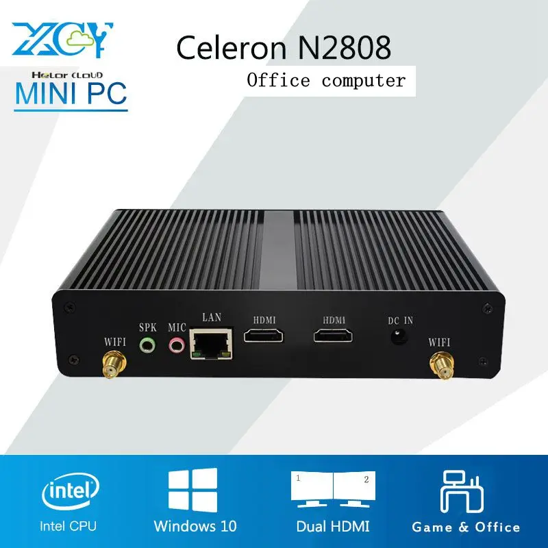 XCY Офисные Мини ПК Intel Celeron N2808 Двойного Ядра 2* HDMI Бизнес Мини компьютер HTPC Barebone безвентиляторный мини настольный ПК с ОС Windows 10