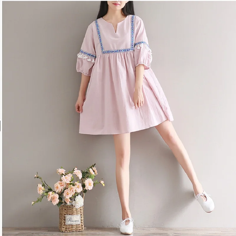

Mori Girl Summer Women Cute Mini Dress V Neck Casual Loose Vestidos De Festa Short Sleeve Cotton Linen Dress With Tassel